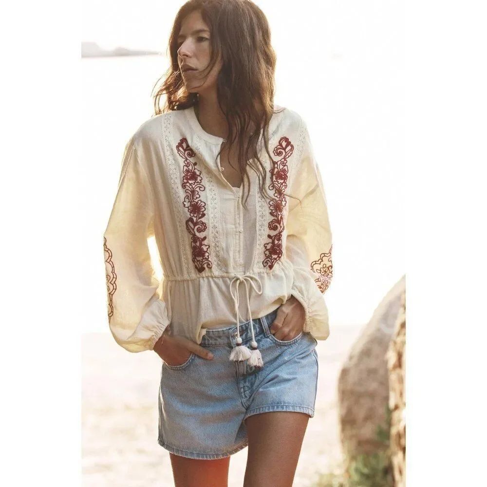 Zara Womens Shirt Top XXL Cream ecru Blouse Embroidery Long Sleeve 7200/039 NWT